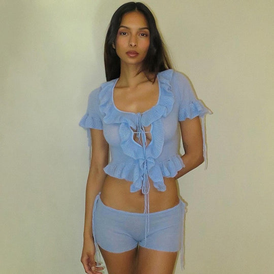 Damen Kurzarm Spitze Top mit Rüschen R&B