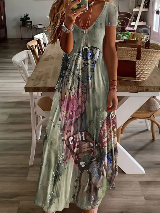 Damen Maxikleid mit buntem Schmetterlingsdruck R&B