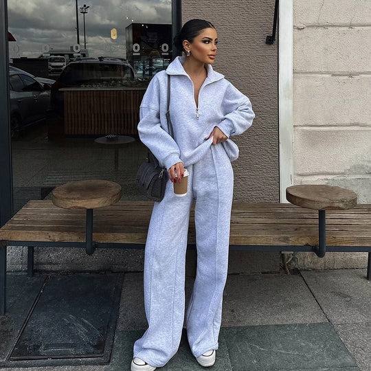 Damen sportliches Fleece-Loungewear-Set mit hohem Kragen und Reißverschluss R&B