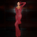 Damen Strickmaxikleid mit langen Ärmeln und großflächigem Häkelmuster R&B