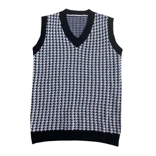 Damen Lässiger Strickpullover mit V-Ausschnitt und Hahnentrittmuster R&B