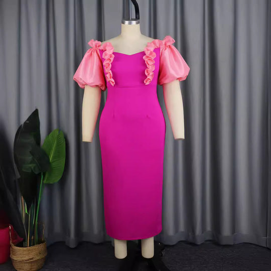 Damen figurbetontes Abendkleid mit voluminösen Rüschenärmeln R&B