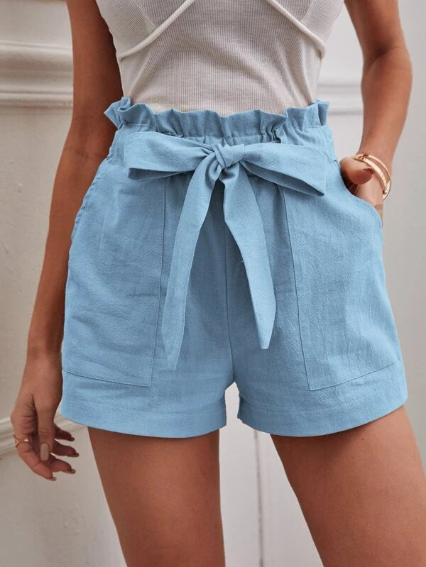 Damen Leichte Leinen-Shorts mit dekorativem Bindegürtel und elastischem Bund R&B