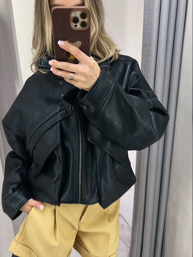 Damen Oversized Kunstlederjacke mit dekorativen Details R&B