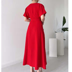 Damen Maxikleid mit Taillengürtel und puffärmeln R&B