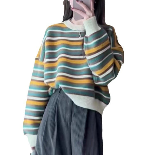 Damen gestreifter Pullover mit weitem Schnitt und modischen Details R&B