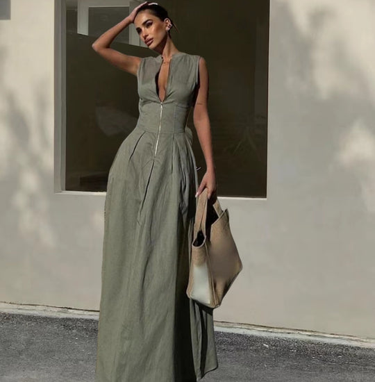 Damen Elegantes Maxi-Kleid mit tiefem V-Ausschnitt und schmalem Schnitt R&B