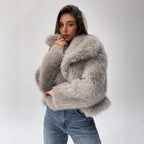 Damen Modischer Kunstpelz-Cropped-Jacke mit voluminösen Ärmeln R&B