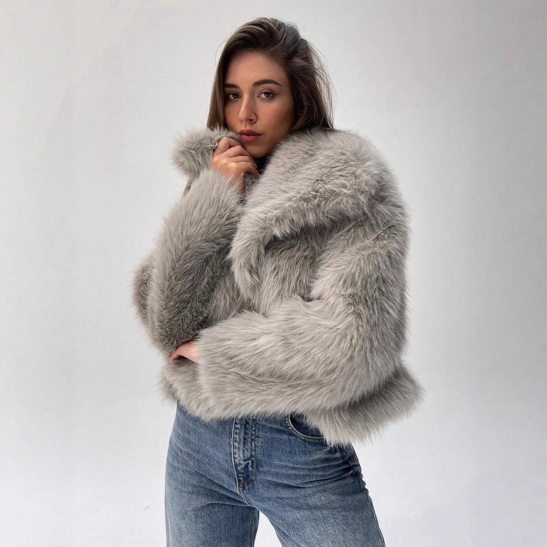 Damen Modischer Kunstpelz-Cropped-Jacke mit voluminösen Ärmeln R&B