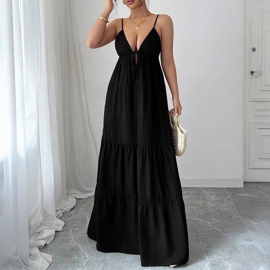Damen Elegantes Maxikleid mit verstellbaren Spaghettiträgern und Rüschendetails R&B