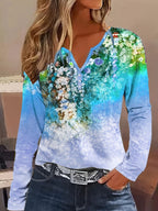 Damen Blütenmuster Langarmshirt mit Knopfleiste R&B