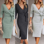 Damen figurbetontes Wickelkleid mit eleganter Taillierung und Trompetenärmeln R&B