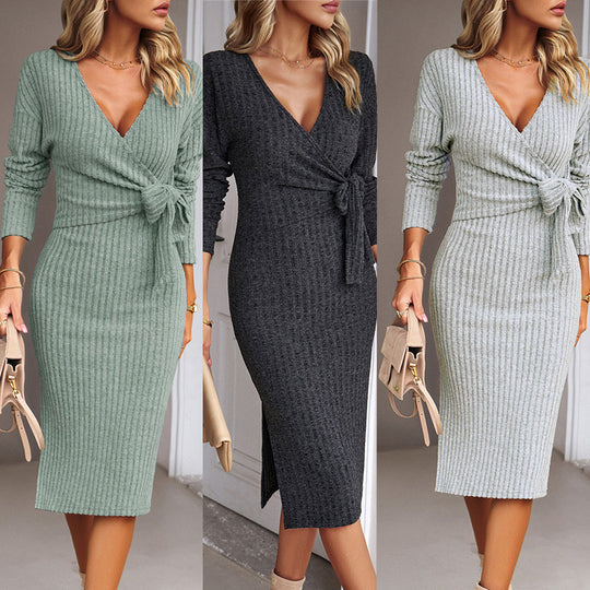 Damen figurbetontes Wickelkleid mit eleganter Taillierung und Trompetenärmeln R&B