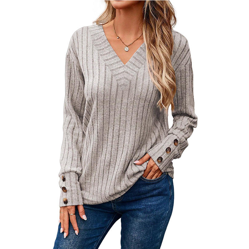Damen V-Ausschnitt Pullover mit dekorativem Streifenmuster und Knopfdetails R&B