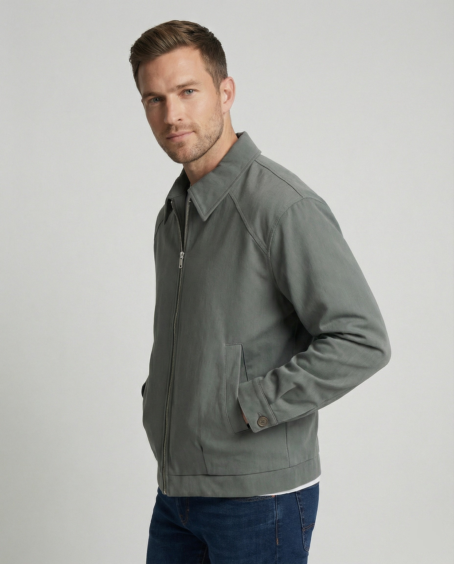 Graue Cleanfit Retro Herrenjacke mit Schulterpolstern und Reverskragen