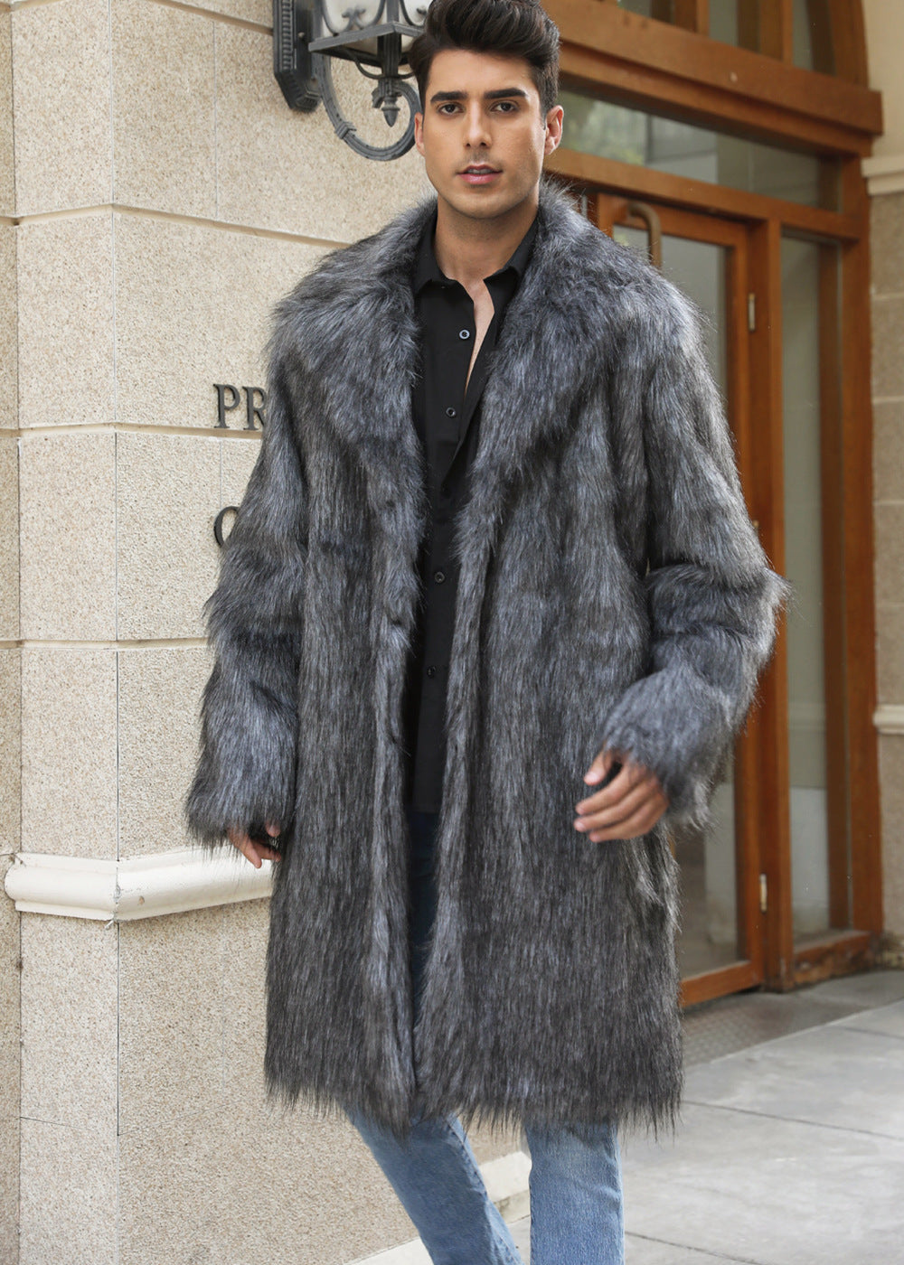 Herren Eleganter Kunstpelz-Mantel mit breitem Kragen und Relaxed Fit R&B
