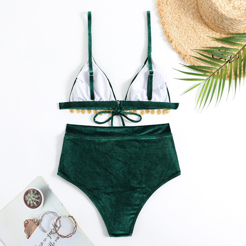 Damen Triangel-Bikini mit luxuriösem Samtstoff und glamourösen Verzierungen R&B