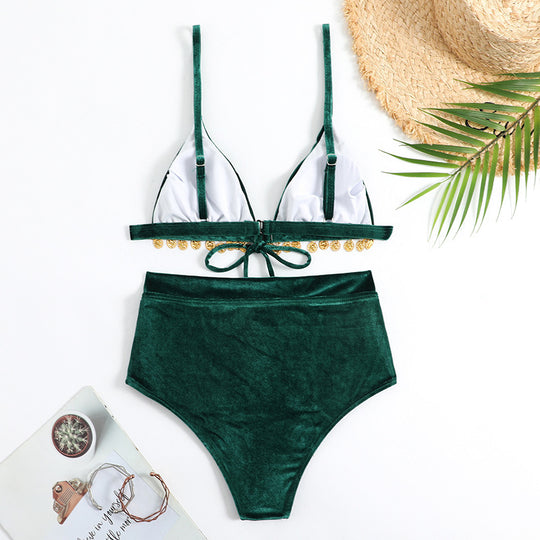 Damen Triangel-Bikini mit luxuriösem Samtstoff und glamourösen Verzierungen R&B