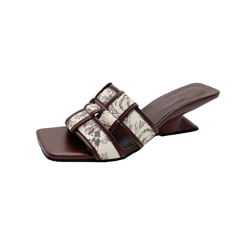 Damen elegante Slingback-Pantoletten mit floralem Druck und breiten Riemen R&B