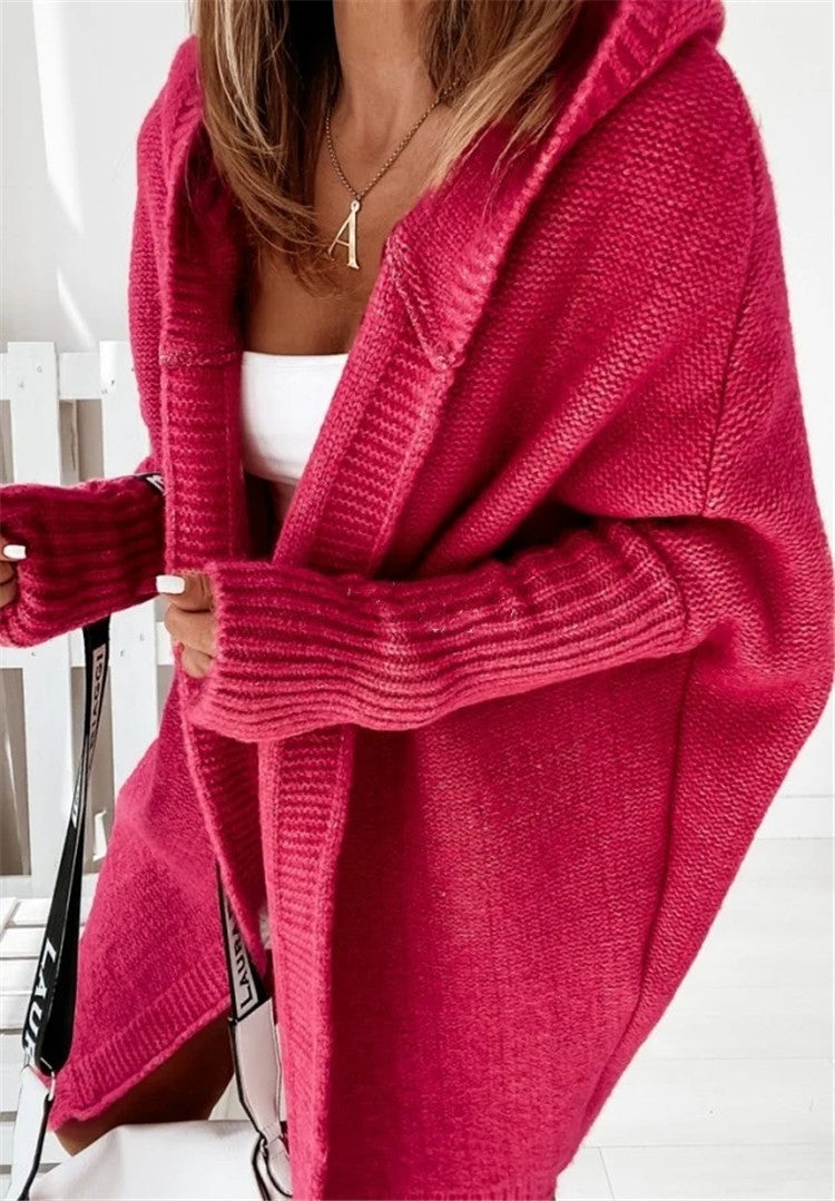 Damen gemütlicher Strickcardigan mit Kapuze und weit geschnittenen Ärmeln R&B