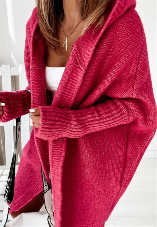 Damen gemütlicher Strickcardigan mit Kapuze und weit geschnittenen Ärmeln R&B