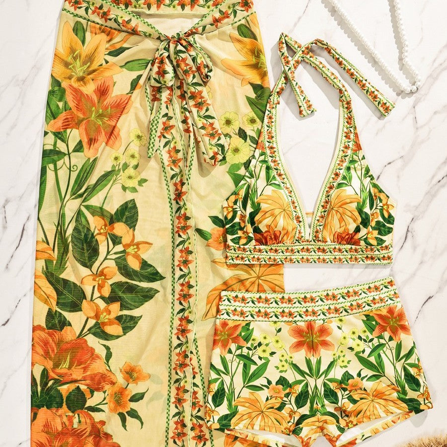 Damen Bikiniset mit floralem langen Überwurf R&B