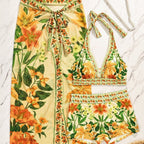 Damen Bikiniset mit floralem langen Überwurf
