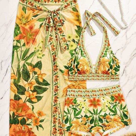 Damen Bikiniset mit floralem langen Überwurf R&B