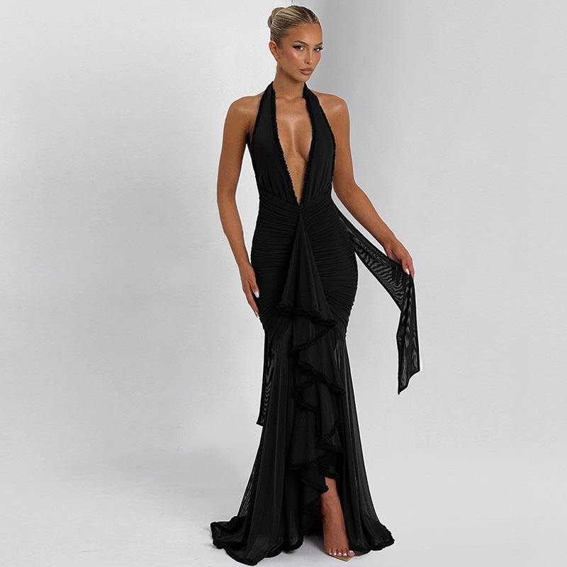 Damen Elegantes Abendkleid mit tiefem V-Ausschnitt und Rüschendetails R&B