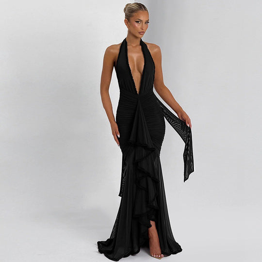 Damen Elegantes Abendkleid mit tiefem V-Ausschnitt und Rüschendetails R&B