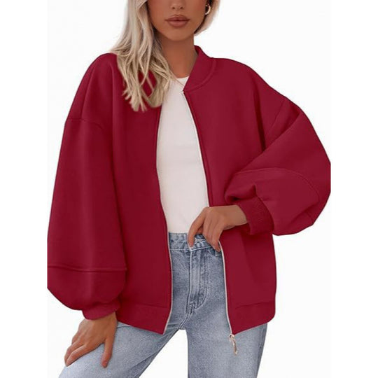 Damen lässige Oversized-Jacke mit Reißverschluss und ballonen Ärmeln R&B