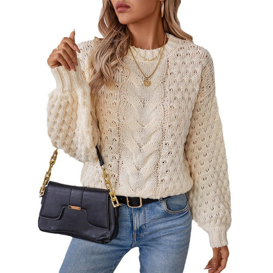 Damen gemütlicher Strickpullover mit strukturiertem Zopfmuster und lässigem Schnitt R&B