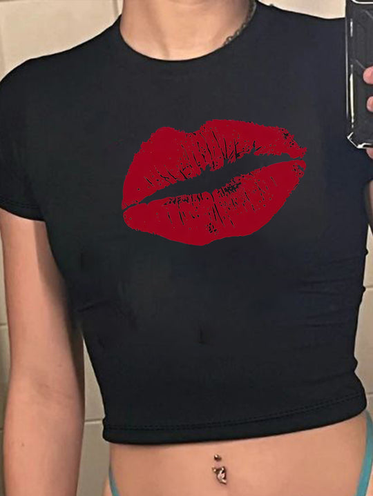 Damen Crop-T-Shirt mit kreativem Totenkopf-Design und figurbetontem Schnitt R&B