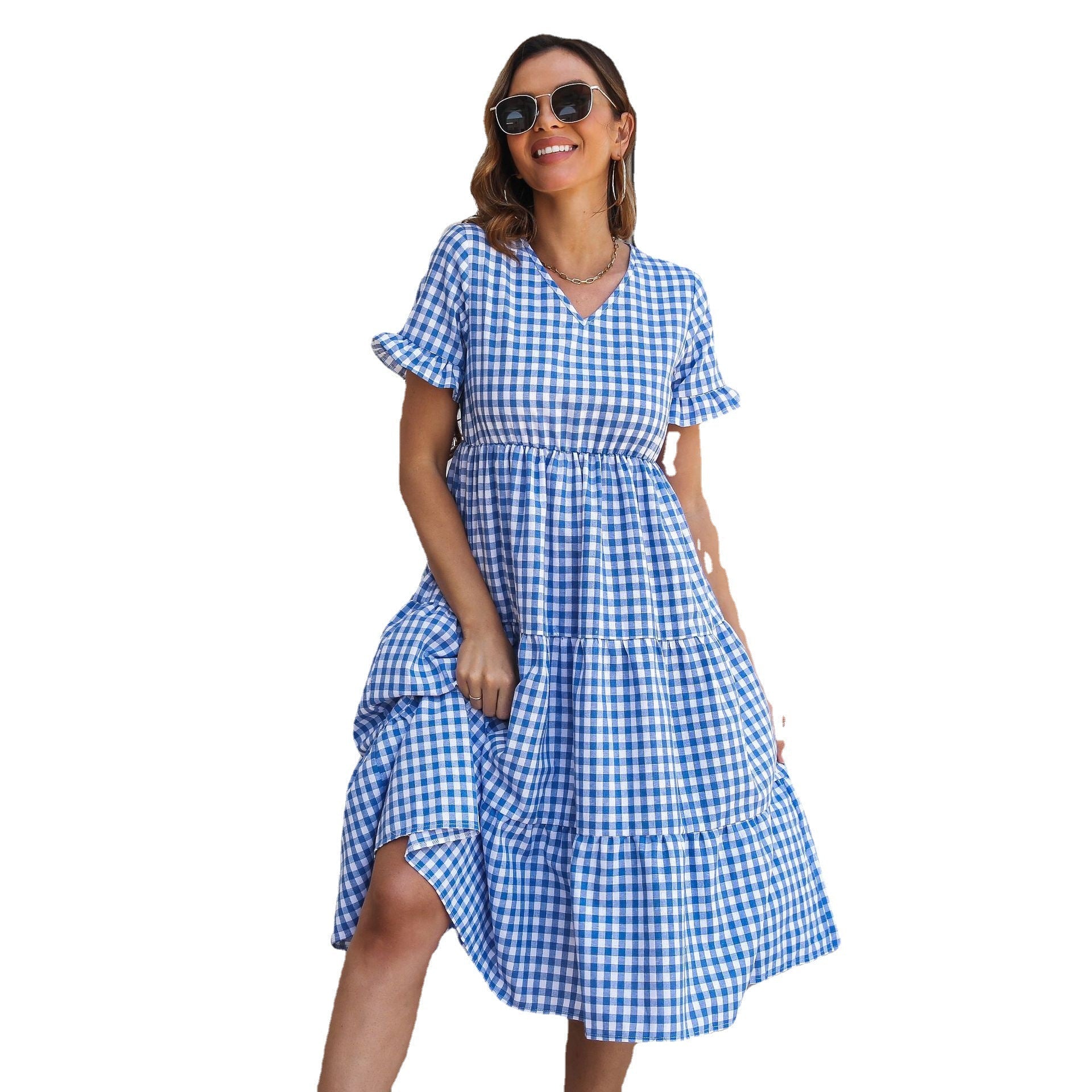 Damen Fließendes V-Ausschnitt Jumpsuit mit lässigen Volants und Karo-Muster R&B