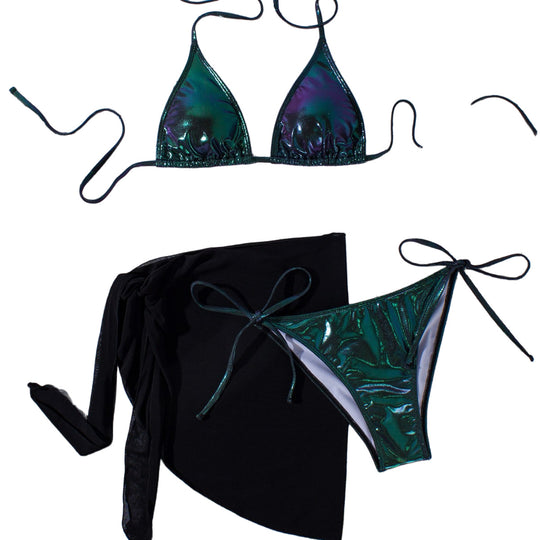 Damen Glänzender Triangel-Bikini mit Wickelrock R&B