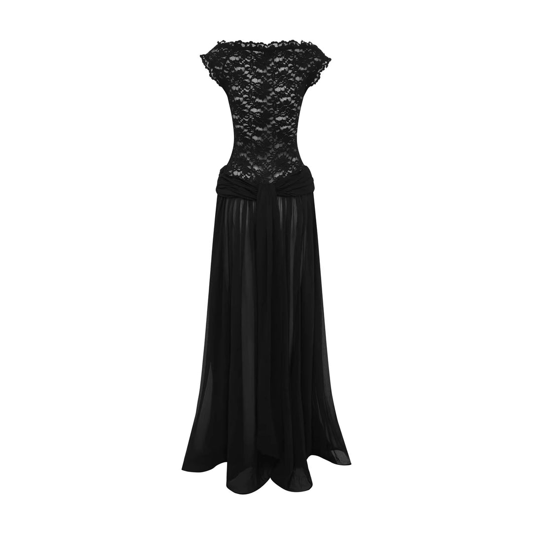 Damen Elegantes Spitzenmaxikleid mit fließendem Rock R&B