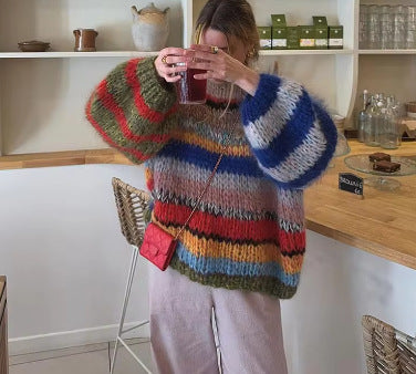 Damen Kuscheliger Strickpullover mit weit ausgestellten Ärmeln und buntem Streifenmuster R&B