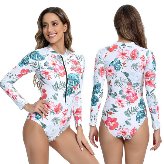 Damen Langarm Schwimmanzug mit Reißverschluss und modernem Marmor-Design R&B