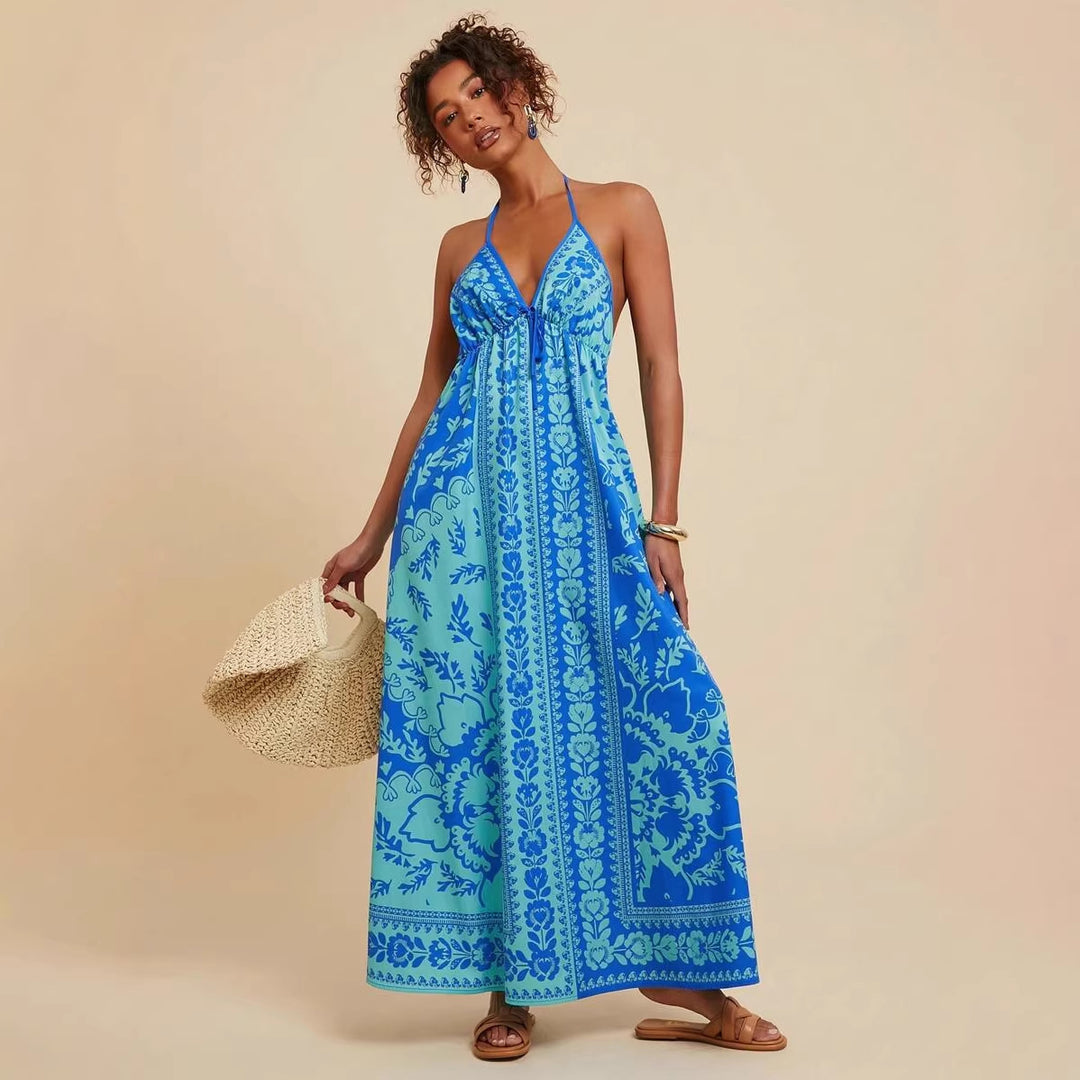 Damen Maxikleid mit tiefem V-Ausschnitt und floralen Musterdetails R&B
