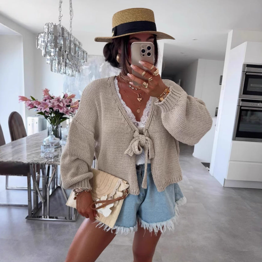 Damen lässige Strickjacke mit Bindeverschluss und weiten Ärmeln R&B