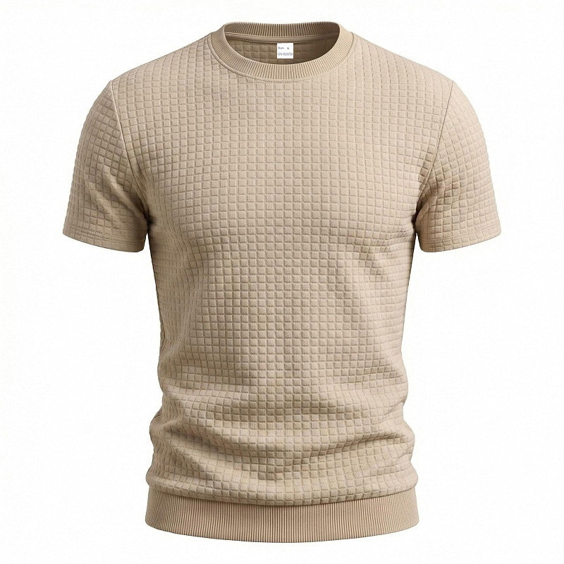 Herren nan kurzärmeliges Strickshirt mit geprägter Karostruktur, Rundhalsausschnitt und geripptem Saum R&B