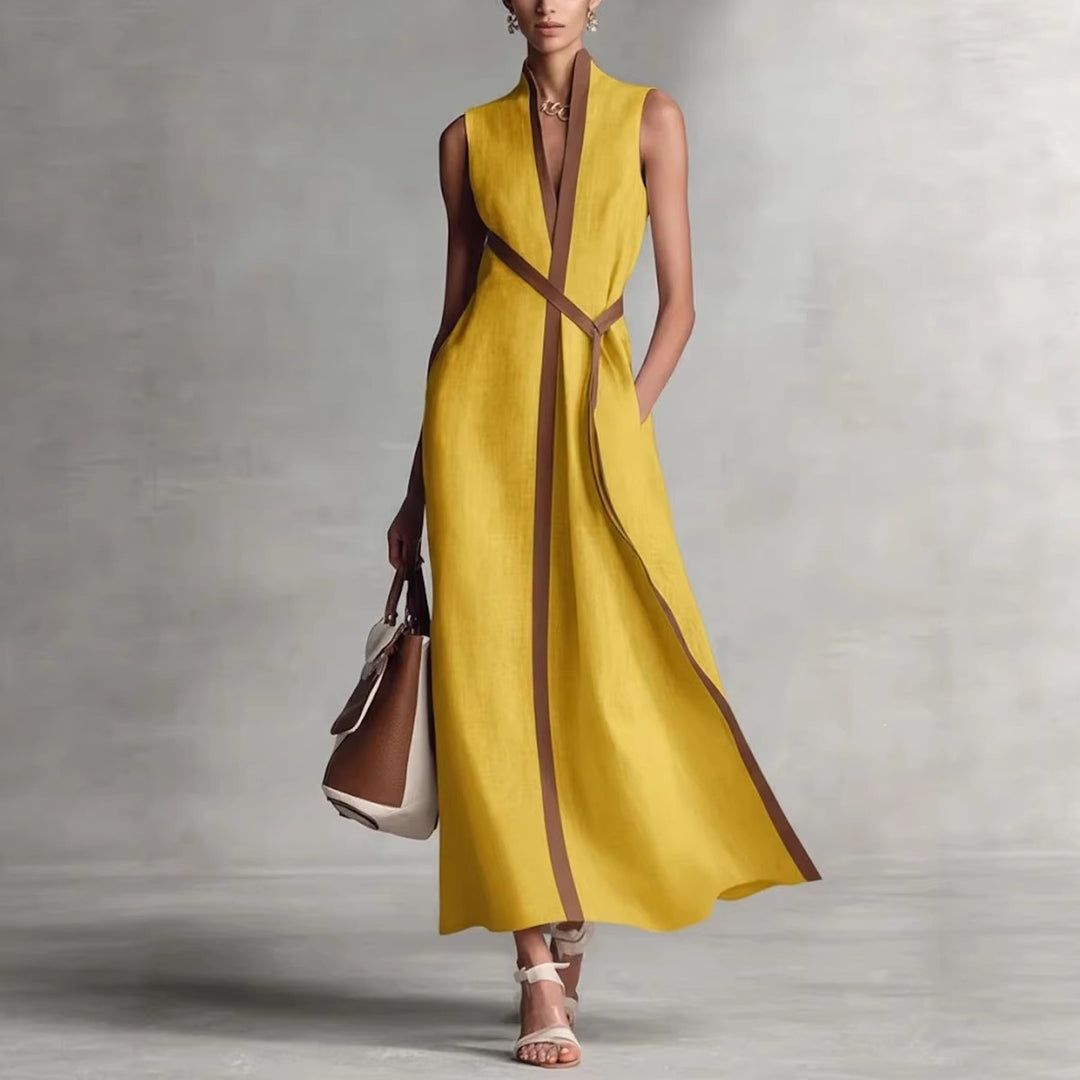 Damen elegantes Maxikleid mit Taillenschnitt und schmalem Gürtel R&B