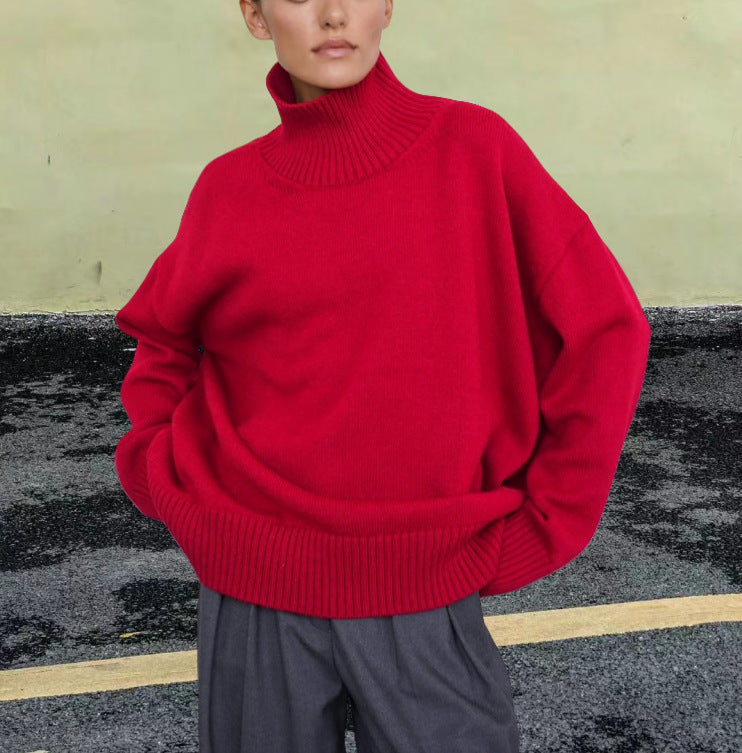 Damen Strickpullover mit hohem Kragen und weitem Schnitt R&B
