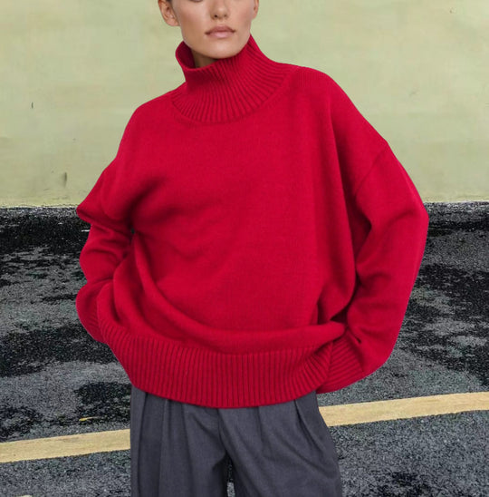 Damen Strickpullover mit hohem Kragen und weitem Schnitt R&B