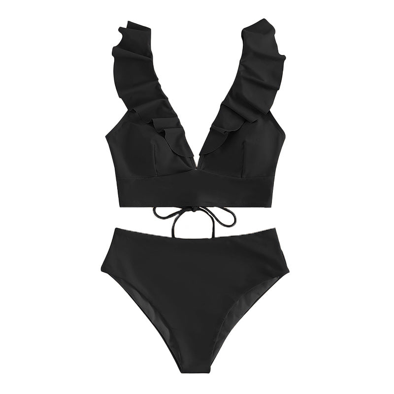 Damen Oberteil mit Rüschen und hohen Bikinihosen