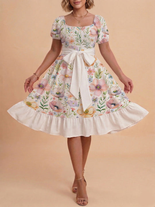 Damen elegantes Maxikleid mit floralem Design und Taillengürtel R&B