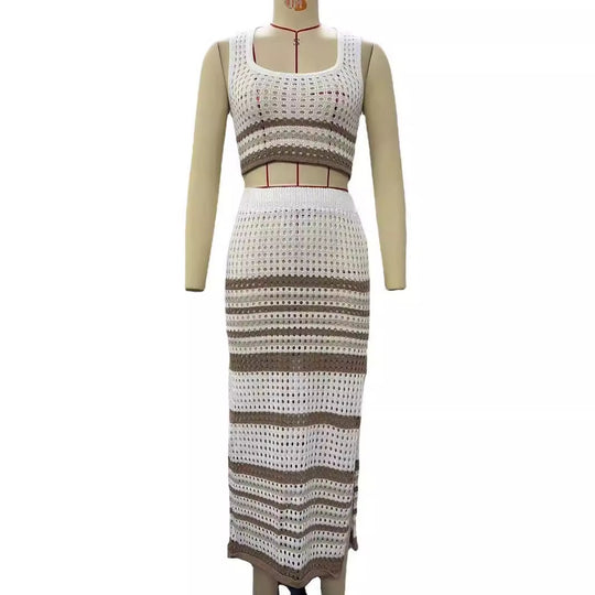 Damen elegantes gestricktes Zweiteiler-Set mit geometrischem Lochdesign R&B