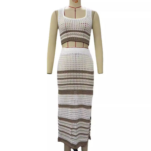 Damen elegantes gestricktes Zweiteiler-Set mit geometrischem Lochdesign R&B