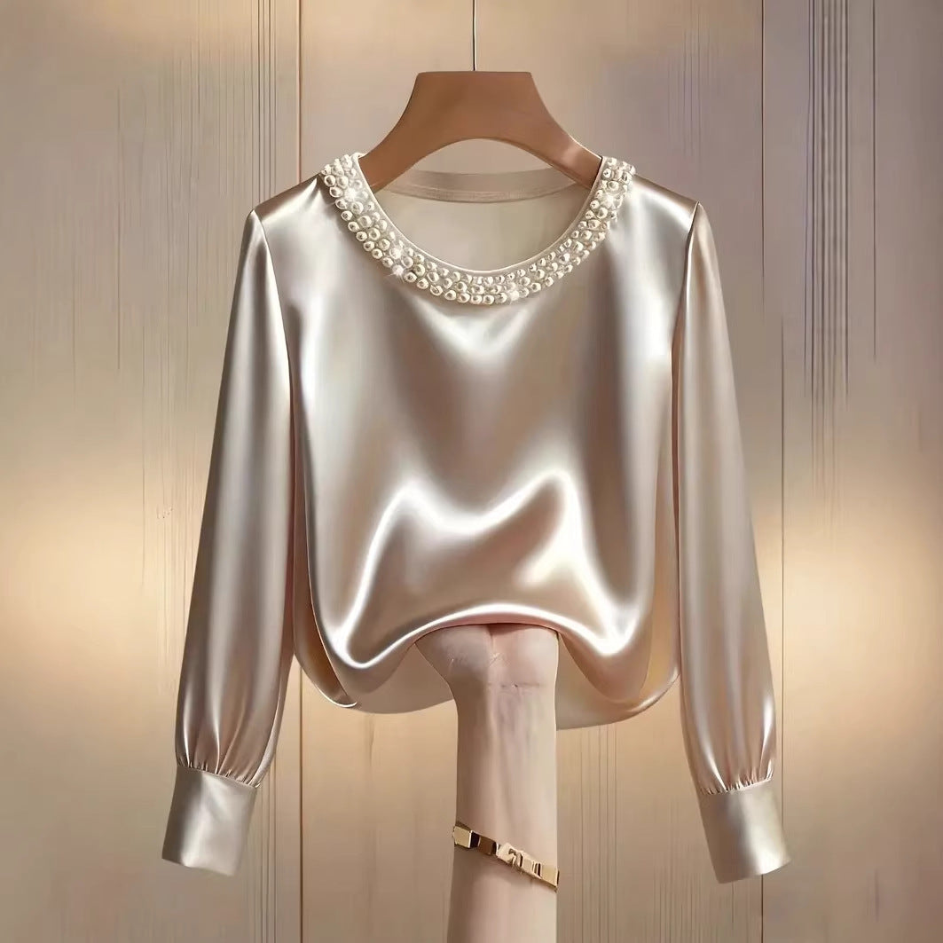 Damen elegante satinierte Bluse mit Perlenkragen R&B