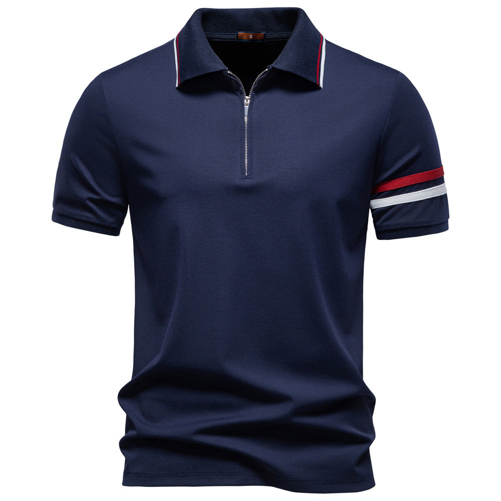 Herren nan atmungsaktives elastisches Poloshirt mit kurzem Reißverschluss und Kontraststreifen an Ärmeln R&B